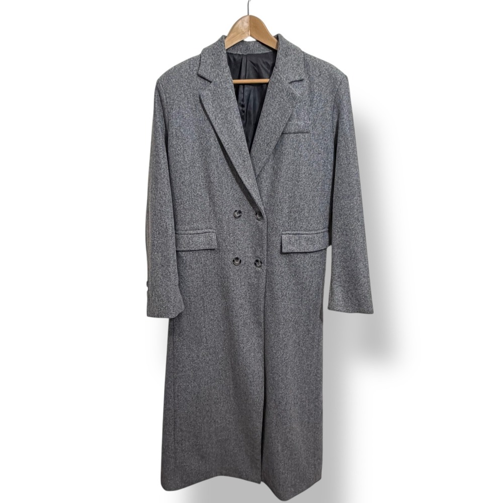 Commense Womens Grey Double Breasted Long Car Coat, Large Classic Preppy
